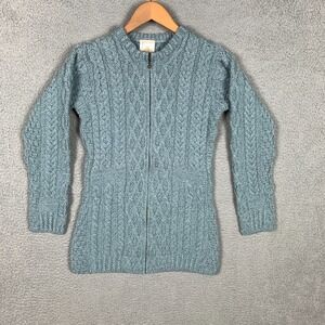 Kilronan Cardigan Sweater Womens XXS 2XS Cable Knit Zip‎ Up Merino Wool